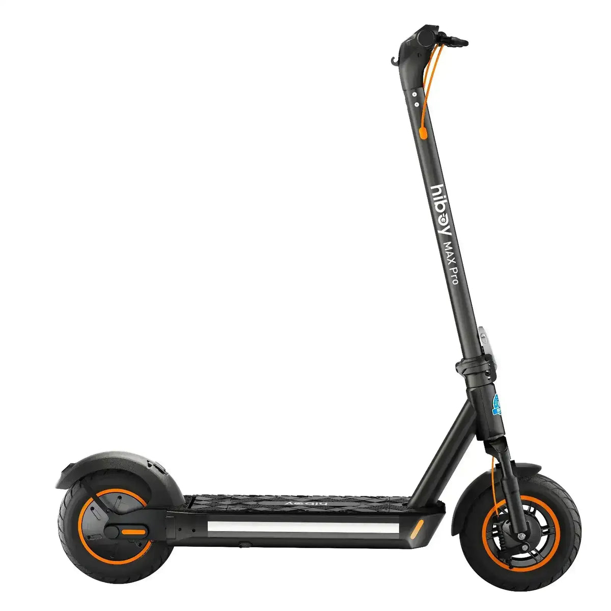 Black electric scooter with orange trim and large tires on a white background
