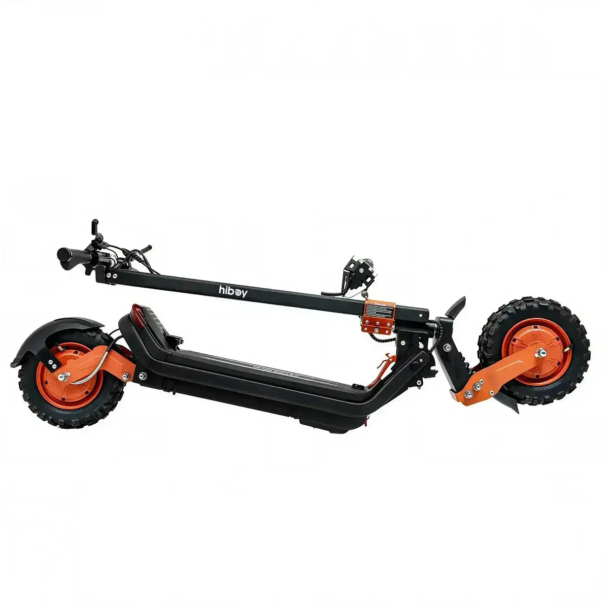 Folded black and orange electric scooter with rugged off-road tires on white background