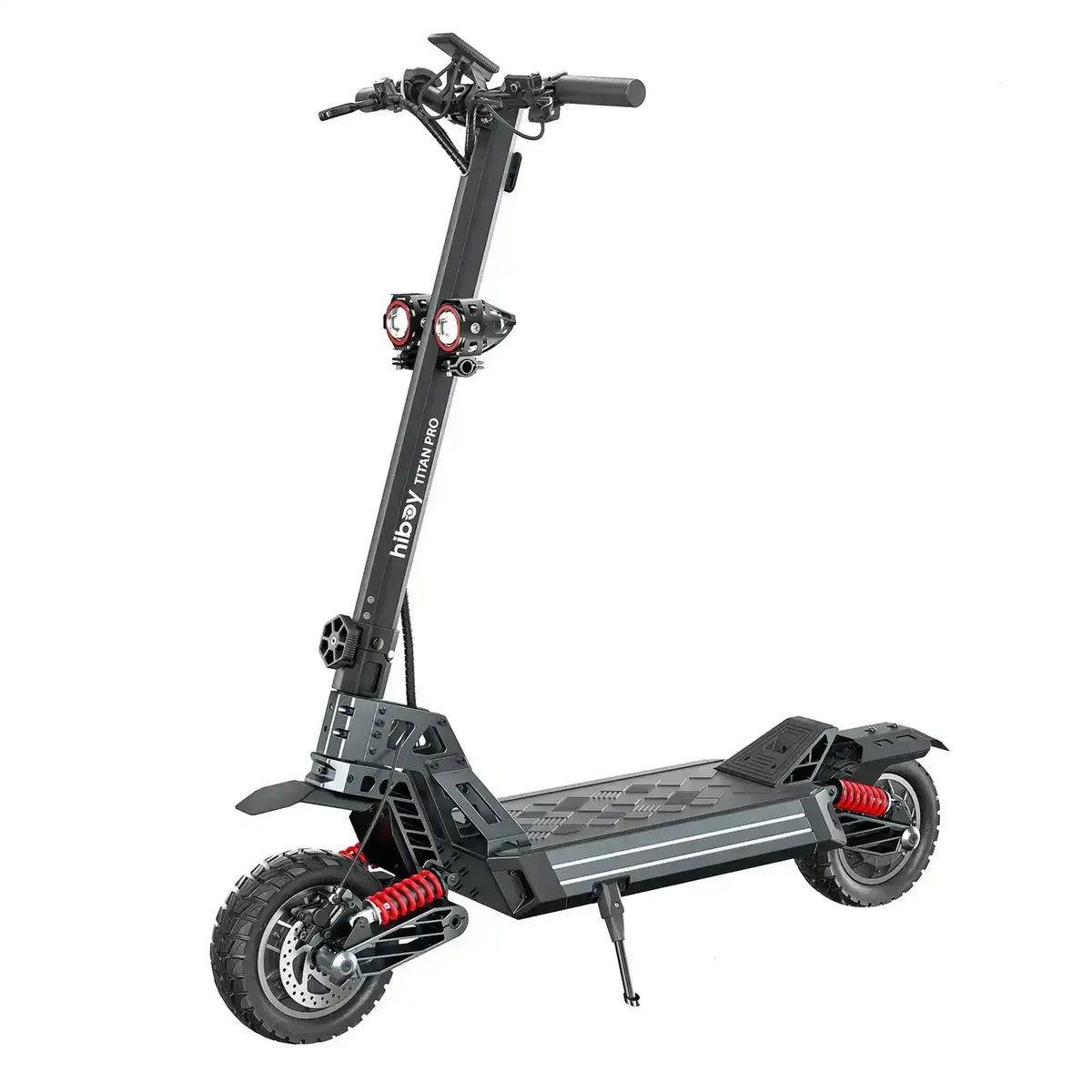 Off-road electric scooter with large tires, dual headlights, and heavy-duty suspension