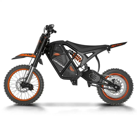 Black and orange electric dirt bike with knobby tires, side view, modern off-road design