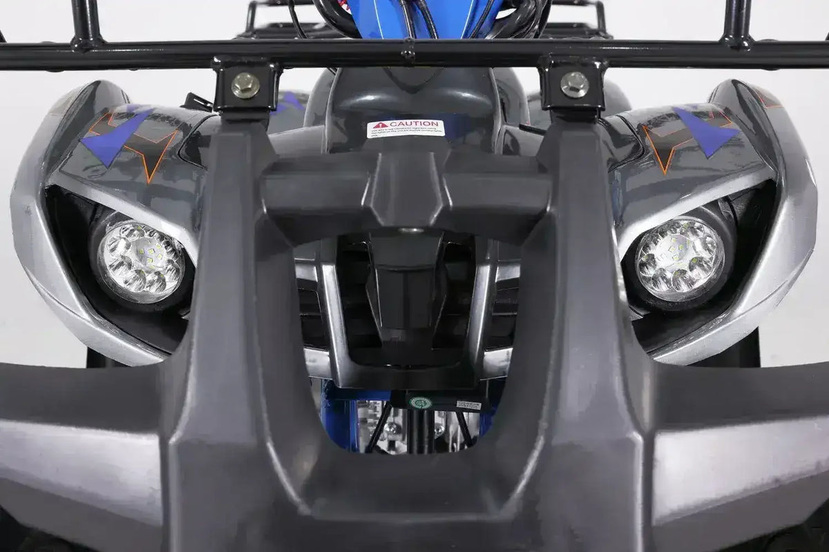 Front view of youth ATV with dual headlights and blue and orange accents at Q9 PowerSports USA