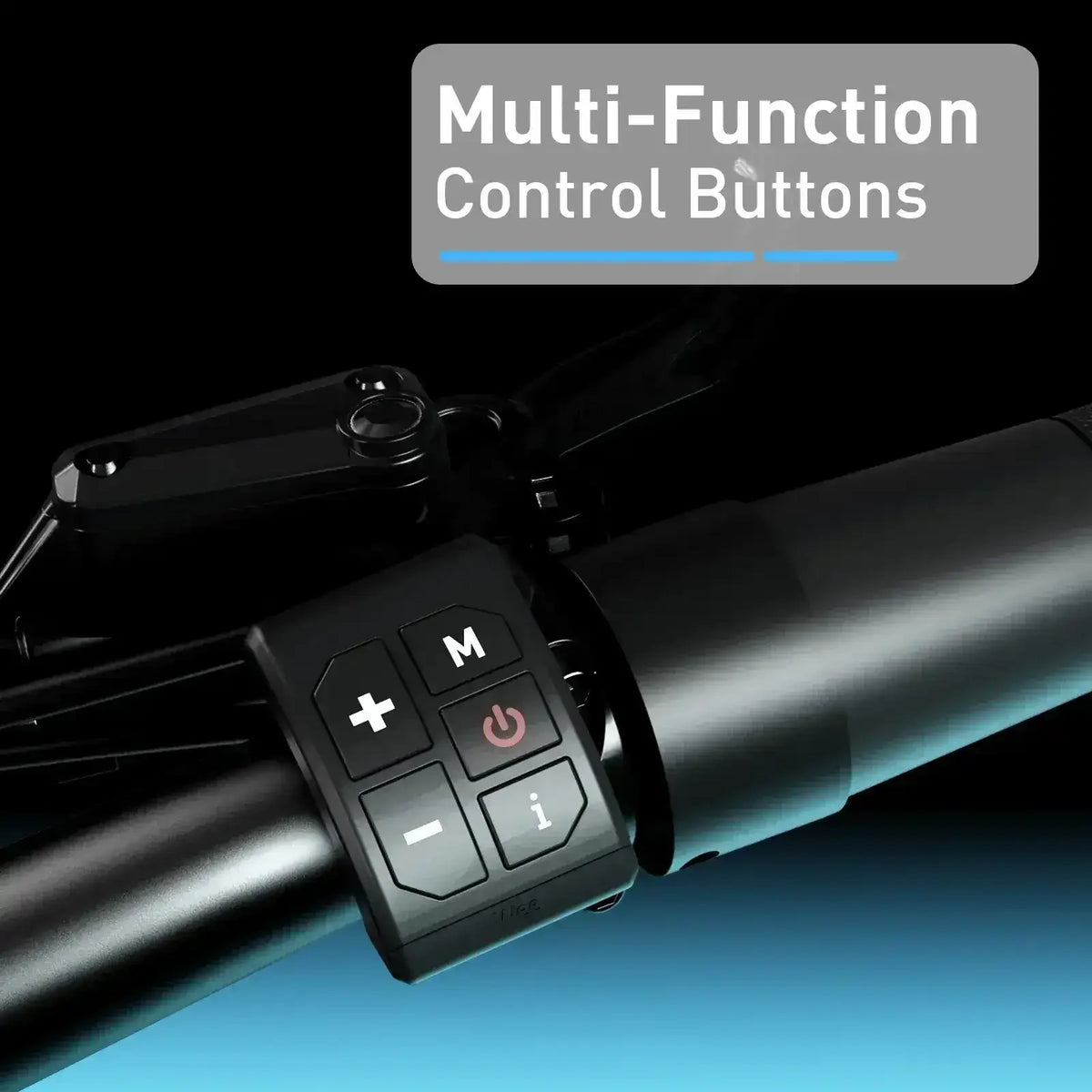 Close-up of ATV or scooter handlebar with multi-function control buttons on black background.