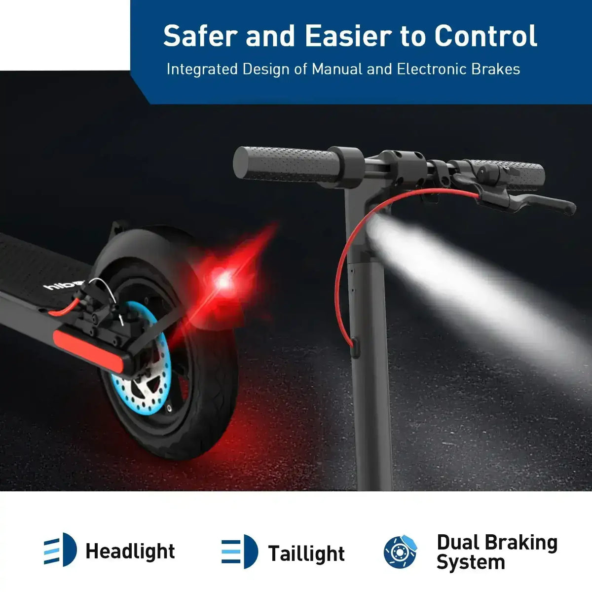 Electric scooter with headlight, taillight, and dual braking system on dark background