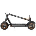 Folded electric scooter with black frame and orange accents on white background
