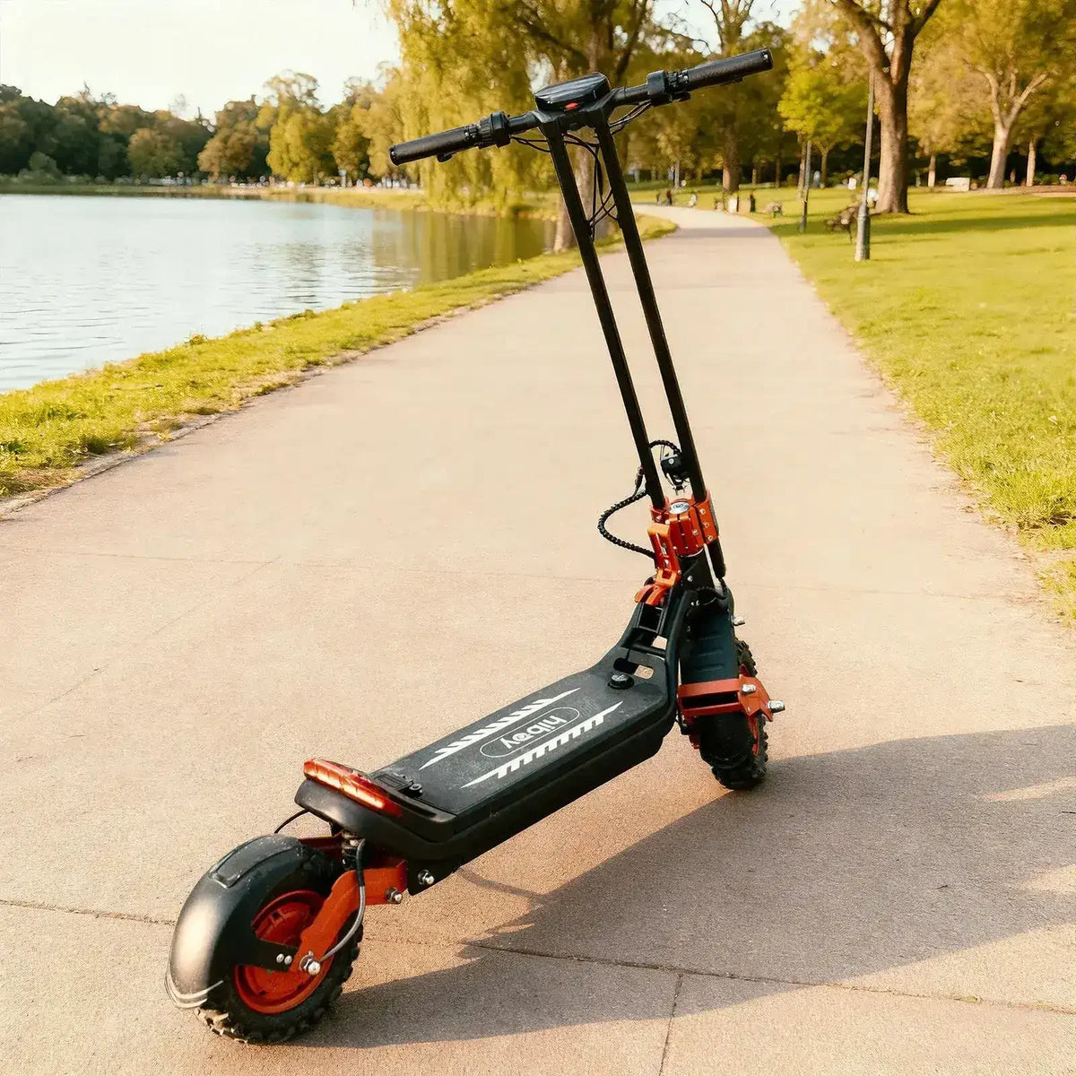 Electric scooter with rugged tires parked on a lakeside path in a sunny park