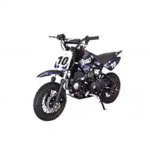 Blue youth dirt bike with number plates, off-road tires, and sporty graphics