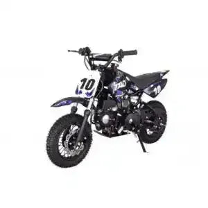 Blue youth dirt bike with number plates, off-road tires, and sporty graphics