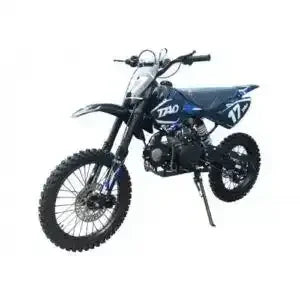 Blue and black DB17 125cc youth dirt bike with number 17 plates, front three-quarter view on white background