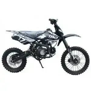 Black and white dirt bike with off-road tires, viewed from the side on a white background