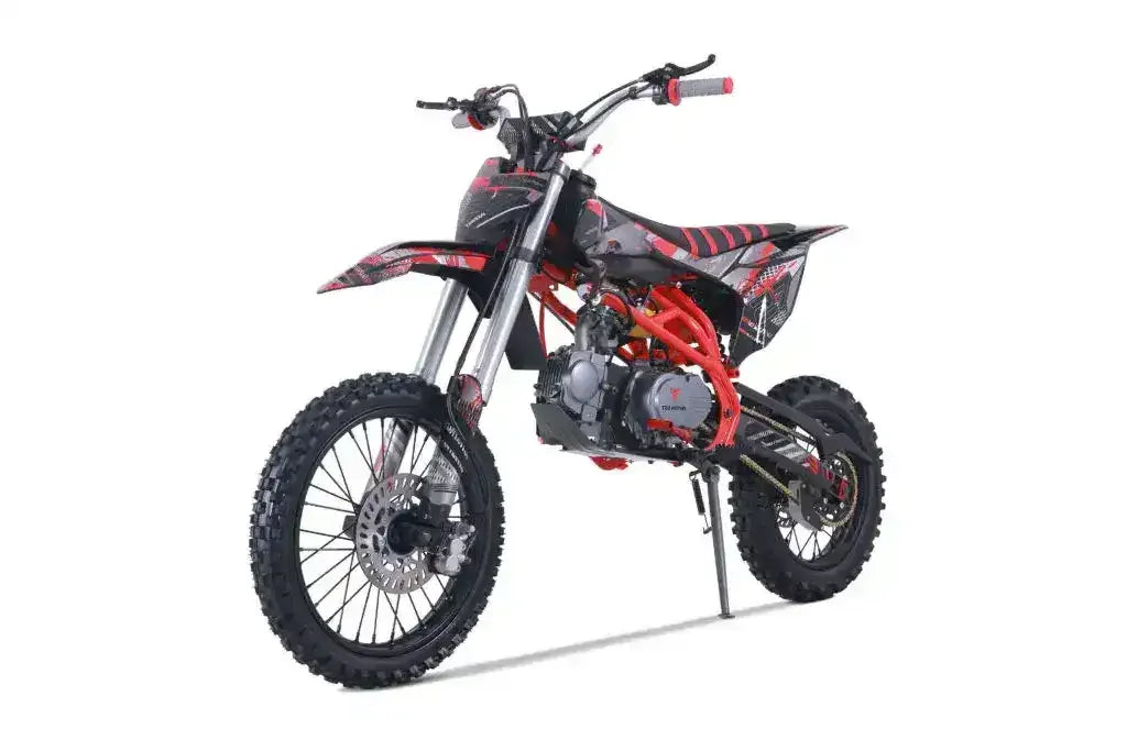 Black and red dirt bike with knobby tires, sturdy frame, and sport graphics on white background.