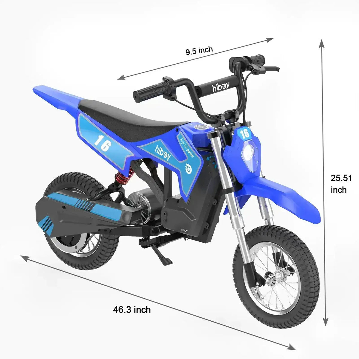 Blue kids electric dirt bike with measurements, off-road tires, and number 16 decal.