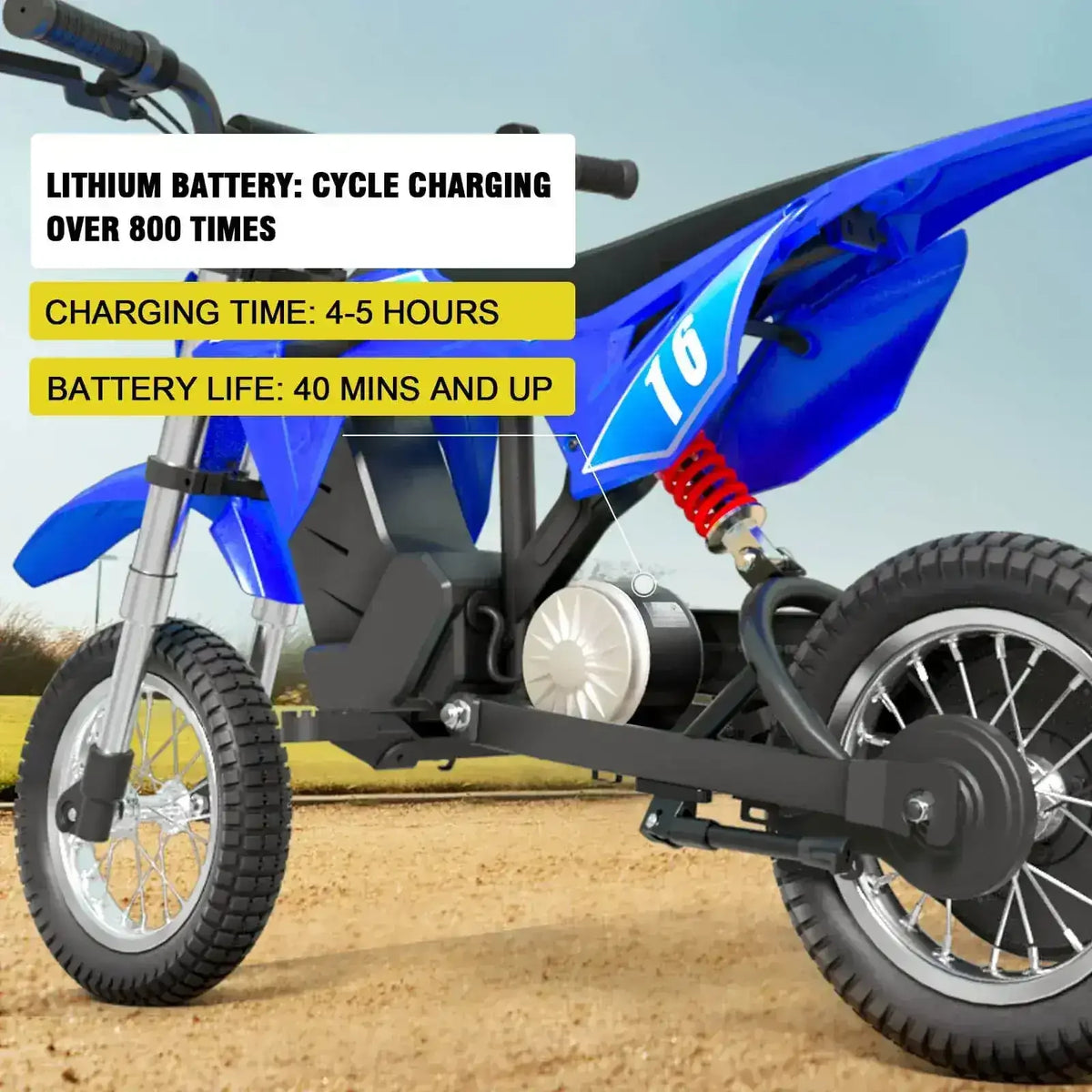 Blue electric dirt bike for kids with lithium battery, parked on dirt with battery details overlay.