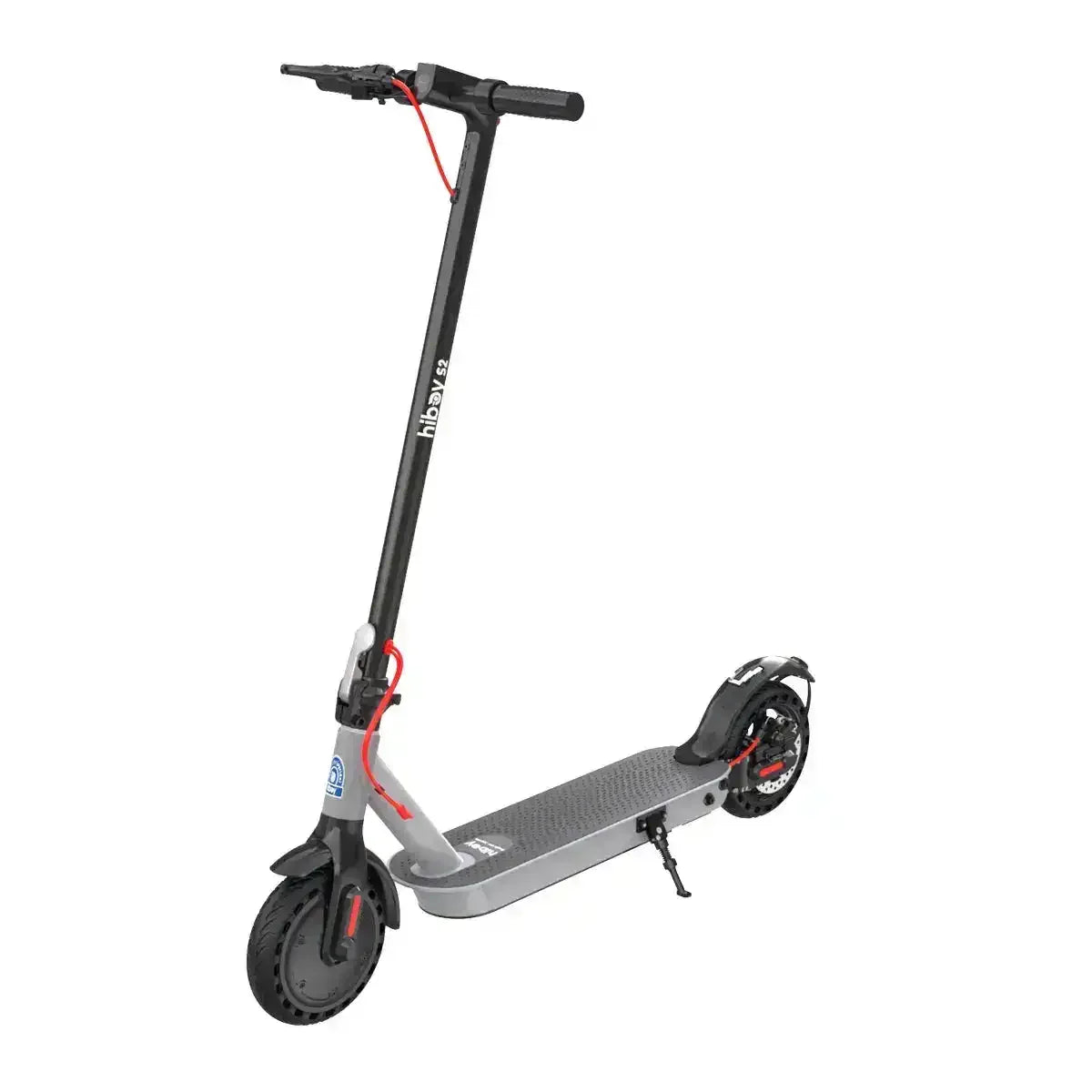Black and gray Hiboy S2 electric scooter with kickstand, solid tires, and red cable accents
