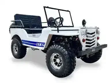 White Willys-style go-kart with blue side stripe, black bench seat and windshield frame, front three-quarter view