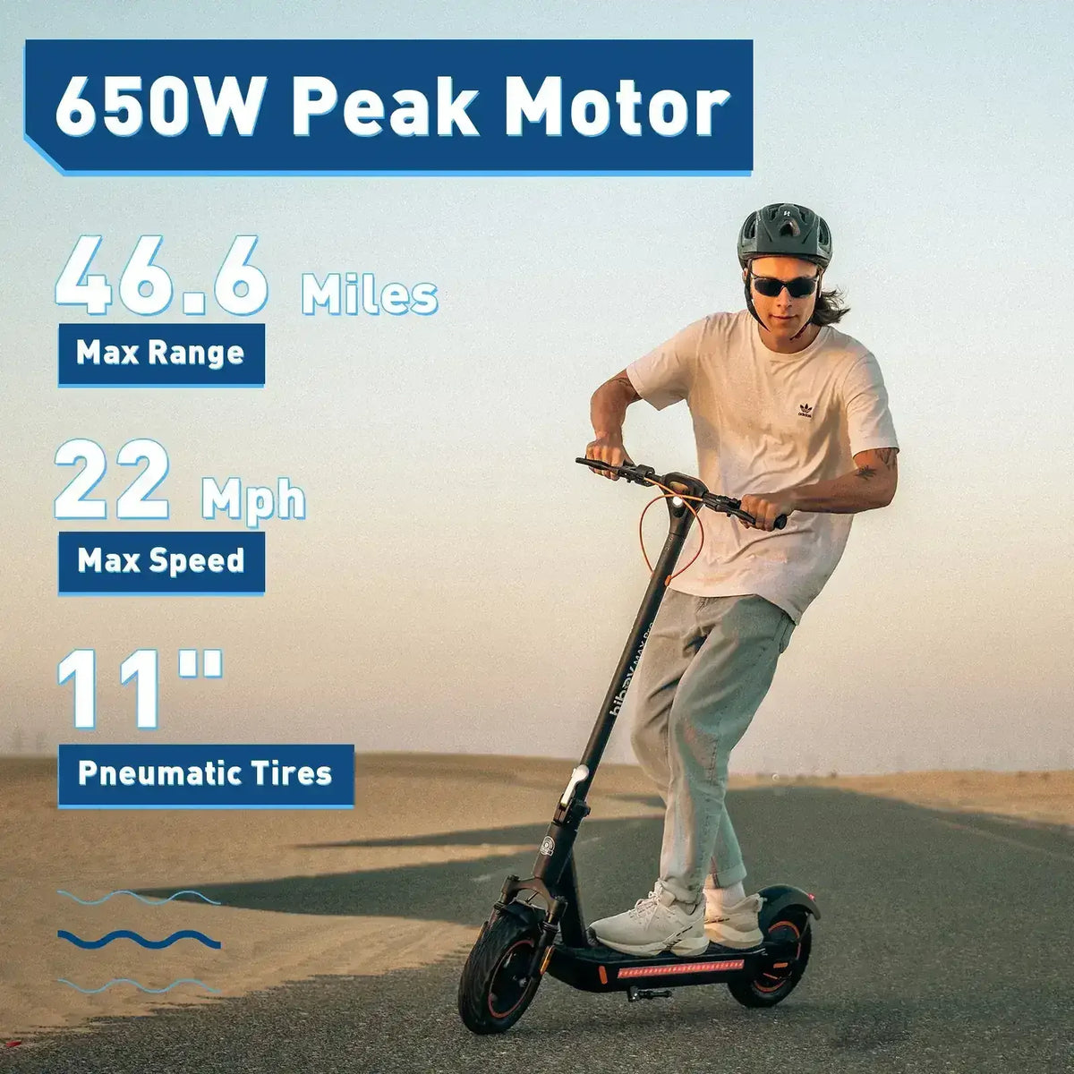 Man riding electric scooter outdoors, highlighting 650W motor, 22 mph speed, 46.6 mile range