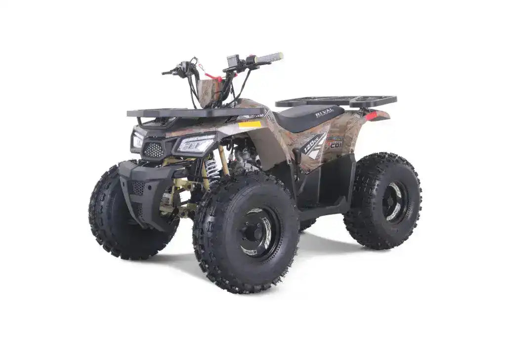 Camo youth ATV with rugged tires, front grill, and handlebar, angled driver side view