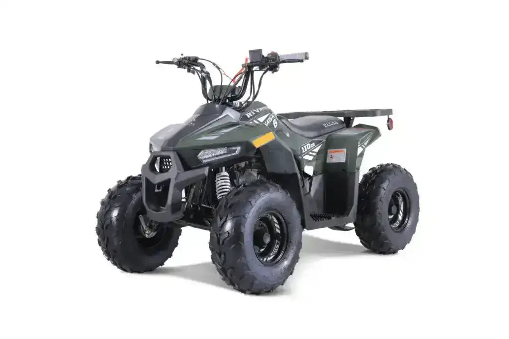 Green Rival Mudhawk 6 110cc ATV, front three-quarter view with rear cargo rack