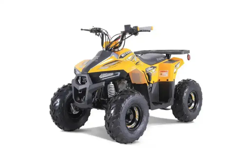Yellow Rival Mudhawk 6 110cc ATV, front three-quarter view with rear cargo rack