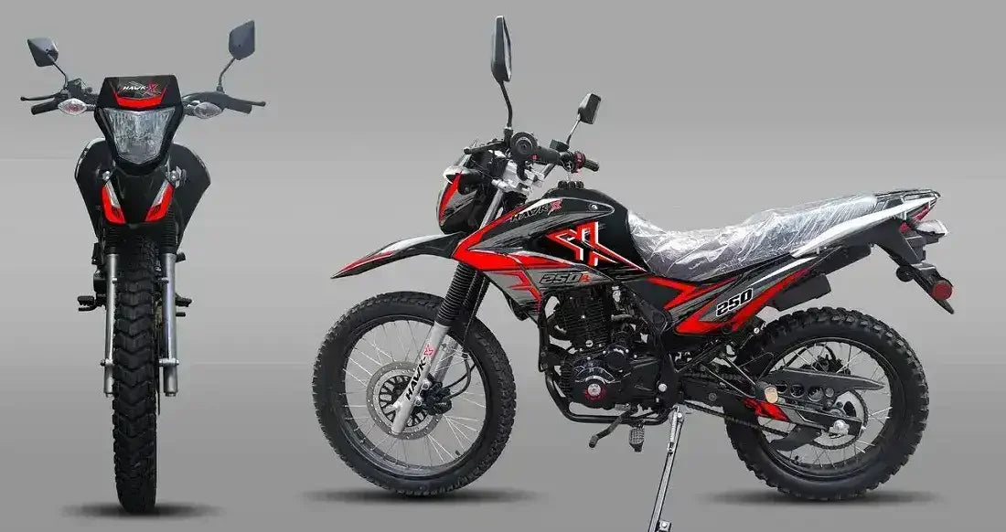 Red and black 250cc dual sport dirt bike with off-road tires, shown front and side view
