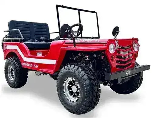 Red Willys-style go-kart with white side stripe, black bench seat and windshield frame, front three-quarter view