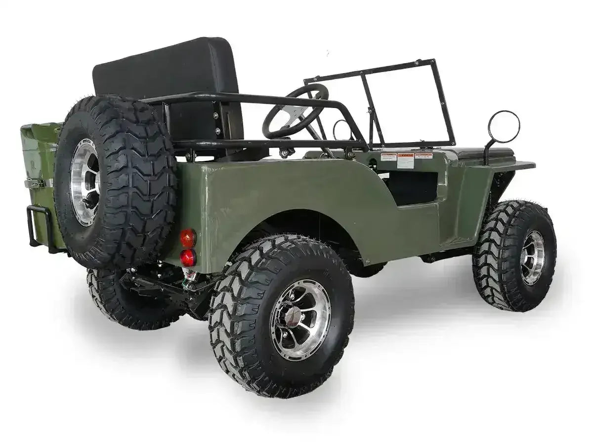 Army green Willys-style go-kart showing rear spare tire, bench seat and round taillights, rear three-quarter view