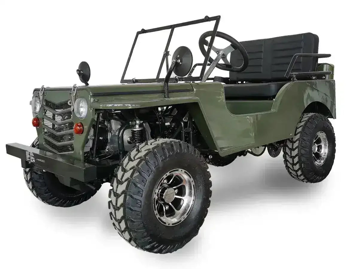 Army green Willys-style go-kart with bench seat, round headlights and black front bumper, front three-quarter view