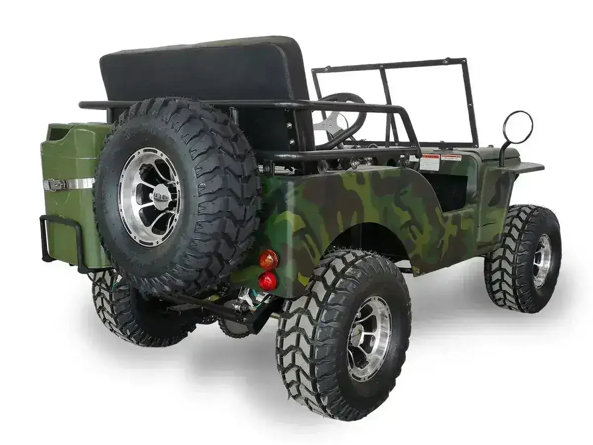 Green camouflage Willys-style go-kart showing rear spare tire and round taillights, rear three-quarter view