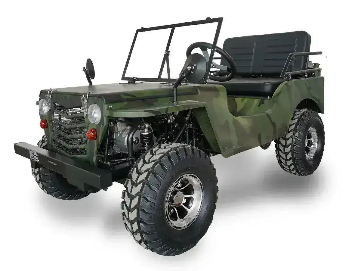Green camouflage Willys-style go-kart with black bench seat and round headlights, front three-quarter view