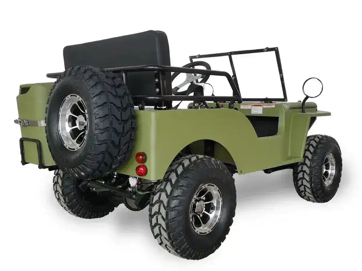 Matte green mini jeep ATV with off-road tires, rear spare tire, and open seating
