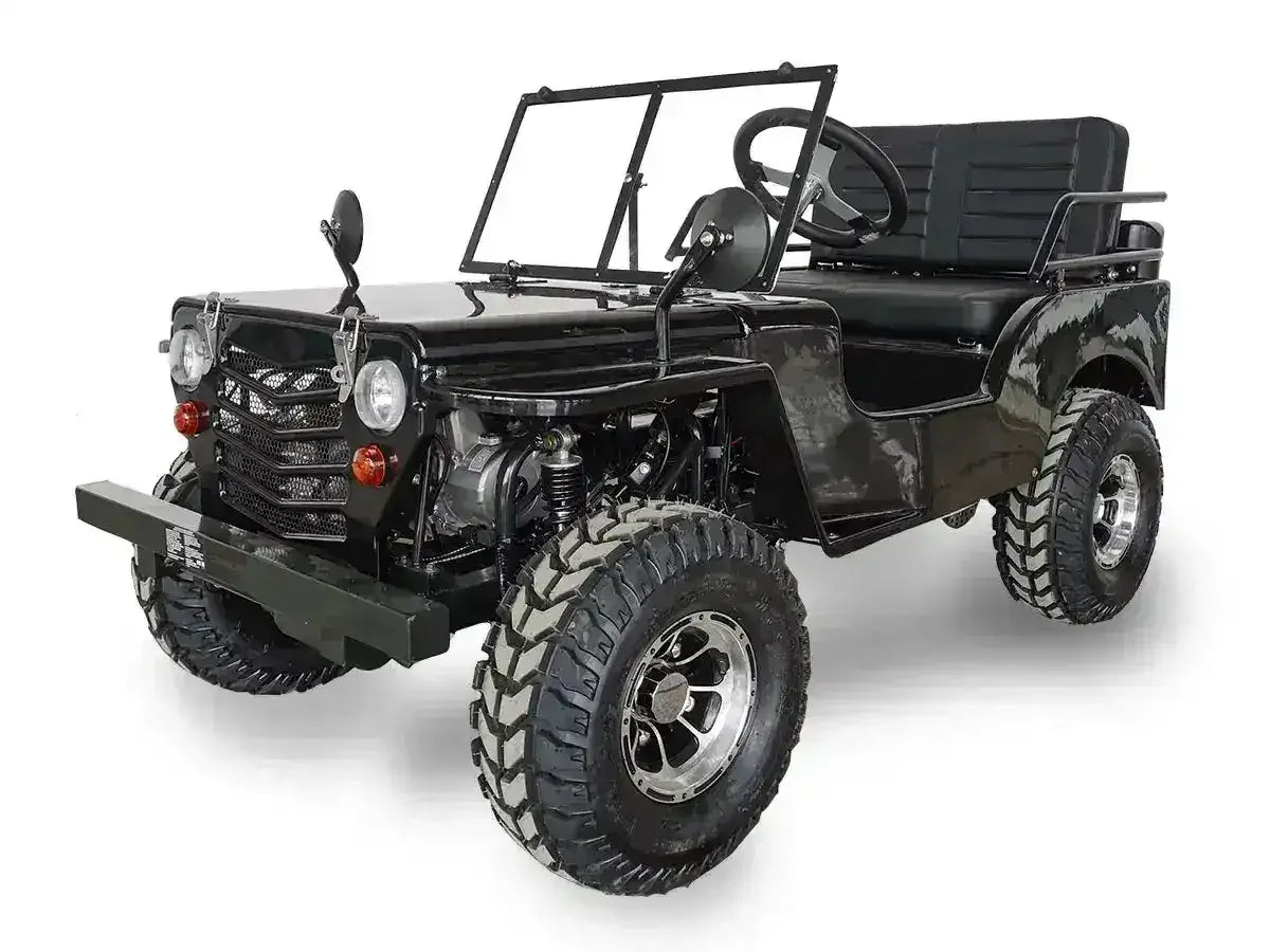 Black Willys-style go-kart with black bench seat, windshield frame and round headlights, front three-quarter view