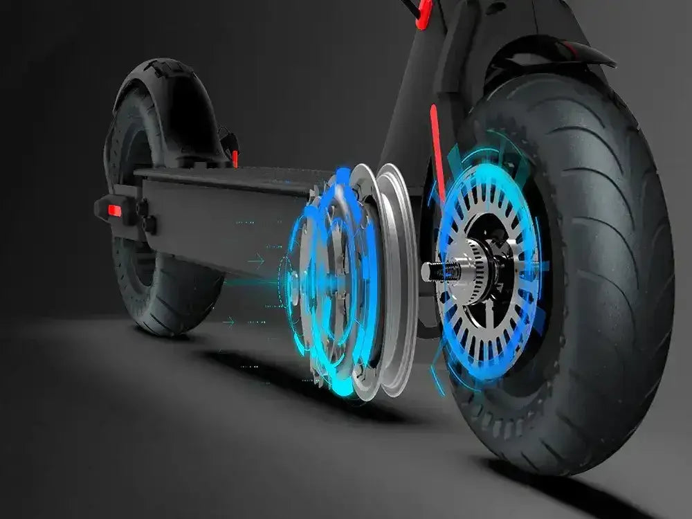 Electric scooter close-up showing detailed motor and wheel components, modern design