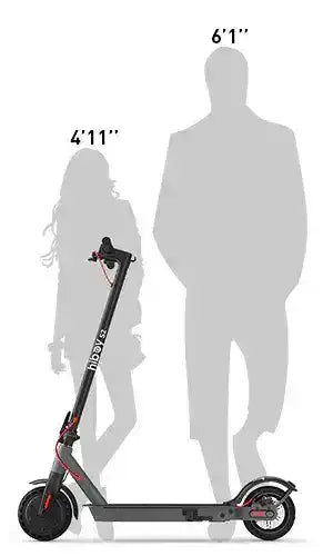 Electric scooter displayed with silhouettes showing height suitability for riders 4'11" to 6'1".
