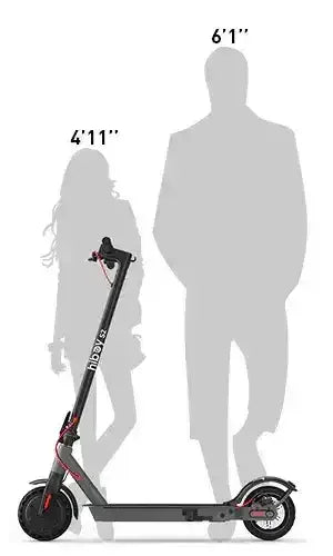 Electric scooter displayed with silhouettes showing height suitability for riders 4'11" to 6'1".
