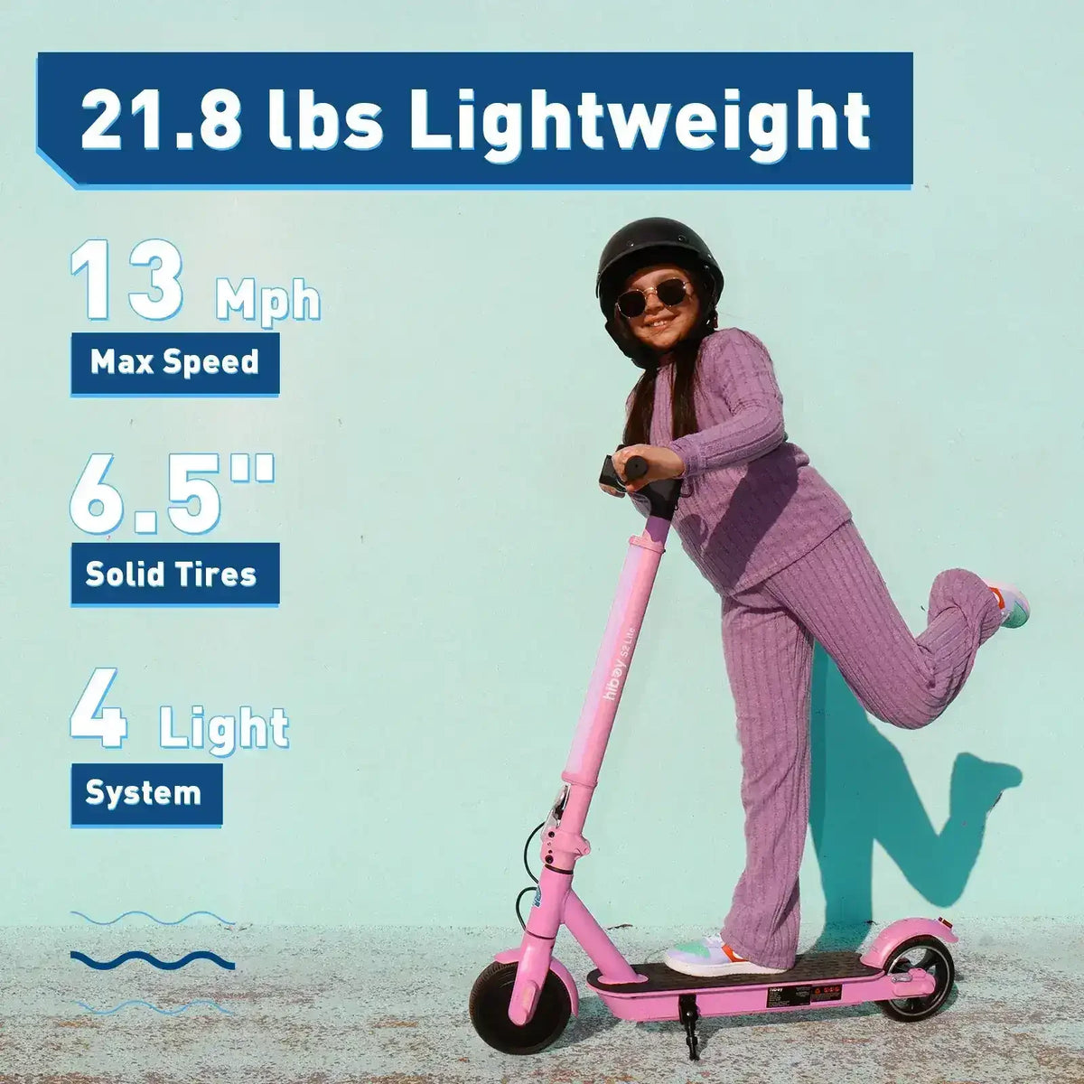 Girl riding a pink lightweight electric scooter with helmet, 13 mph max speed, 6.5 inch tires.