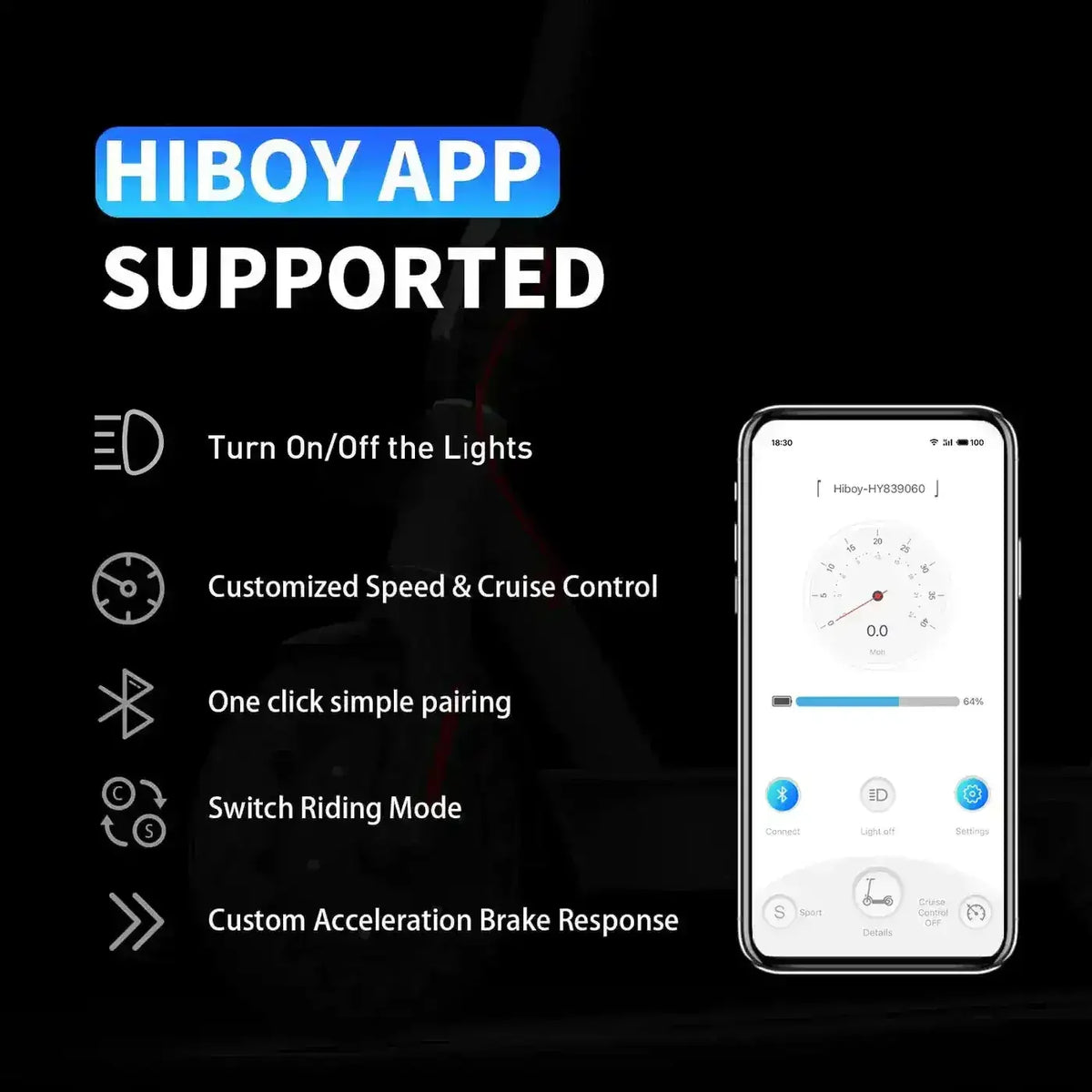 Hiboy app features for electric scooter, showing smartphone controls for lights, speed, pairing, riding mode, and brake response.