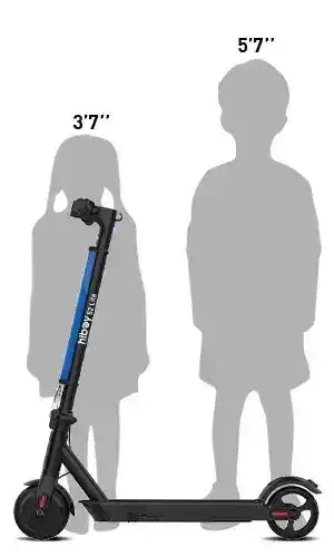 Electric scooter with adjustable handlebar shown beside 3'7" child and 5'7" adult silhouettes