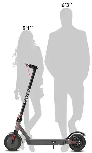 Electric scooter with size chart showing height comparison for adults