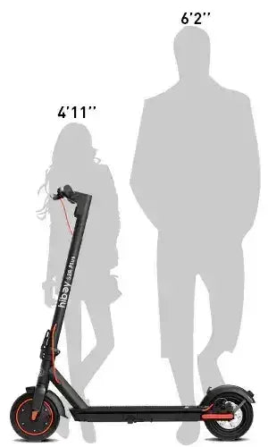 Electric scooter with red accents shown next to height chart silhouettes for size comparison