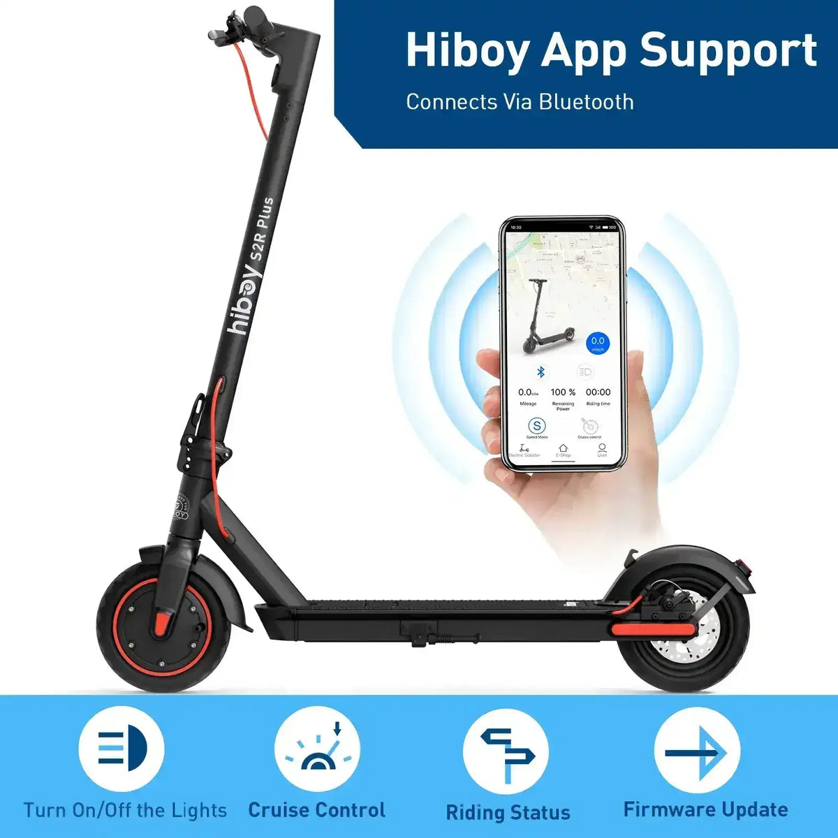 Electric scooter with mobile app Bluetooth control, cruise control, riding status, and lights.