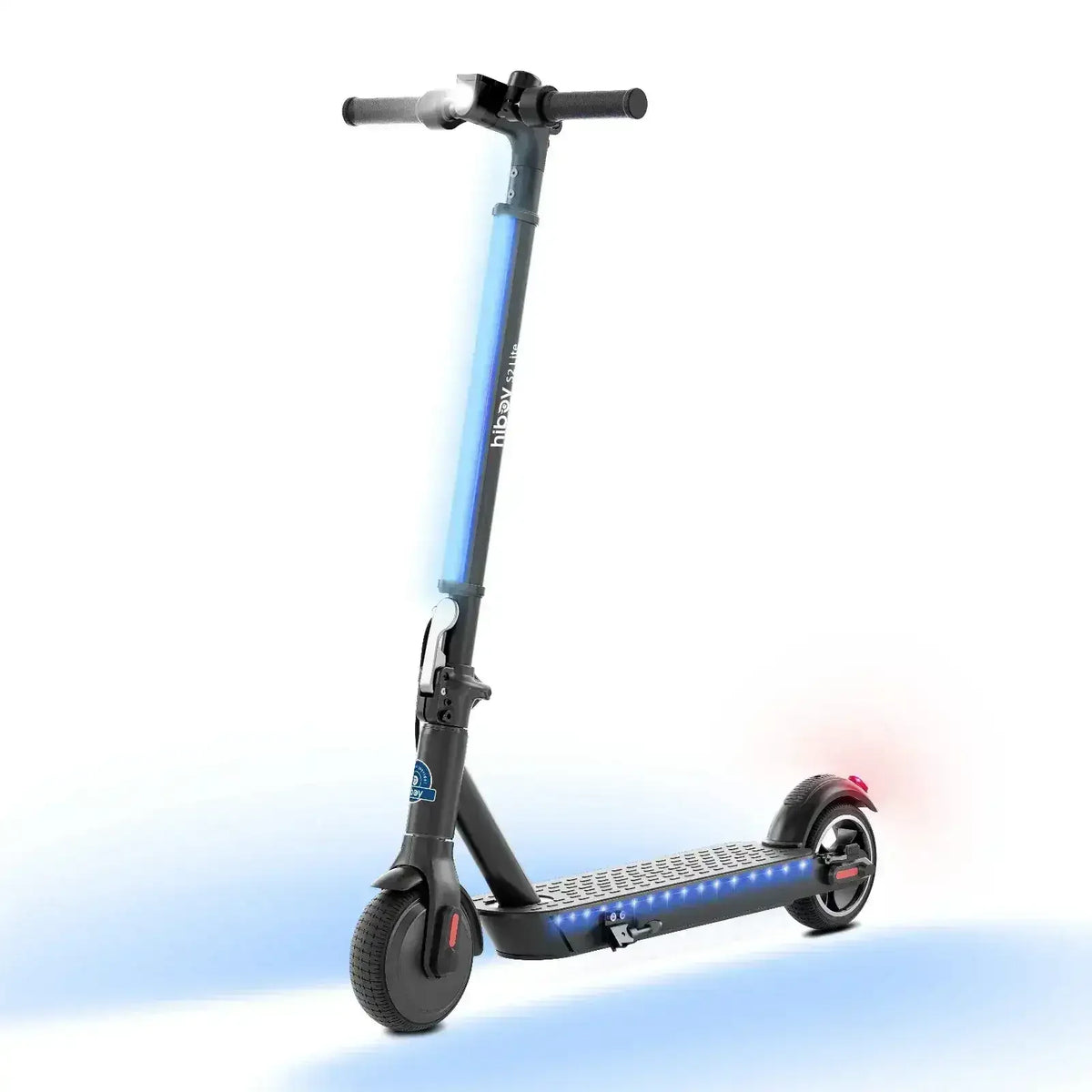 Black electric scooter with LED accent lights on stem and deck, isolated on white background