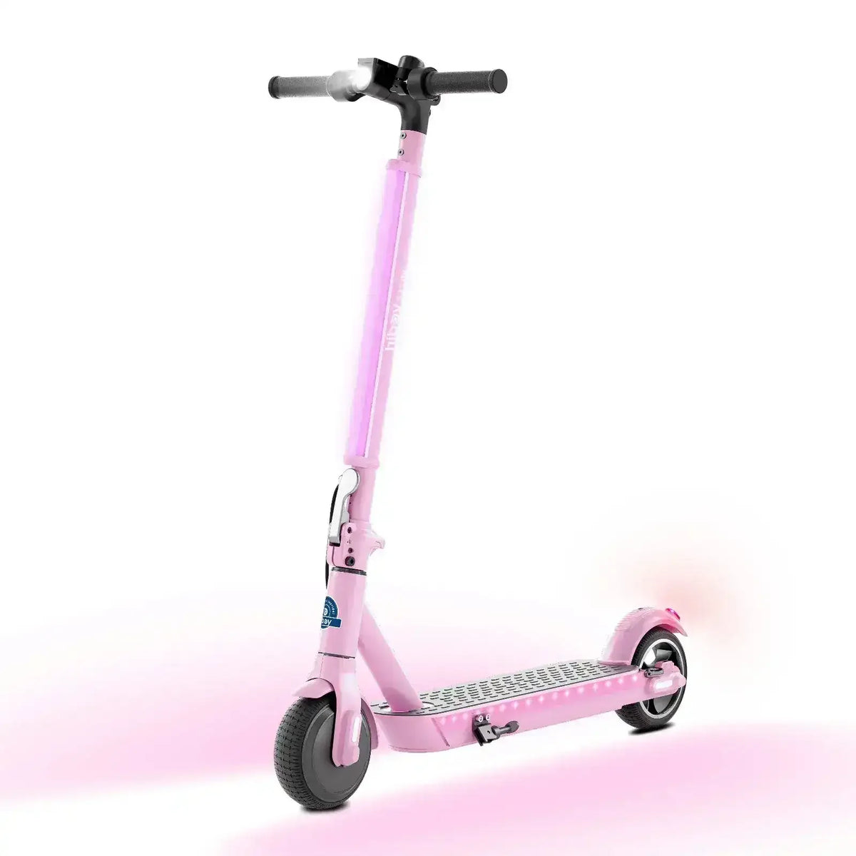 Lite pink electric scooter with LED headlight on white background