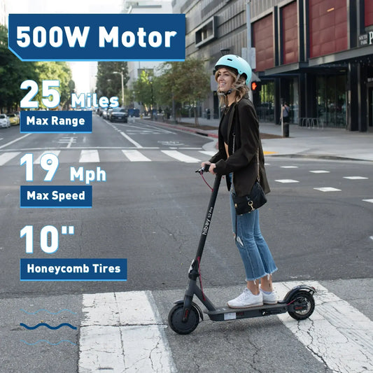 Woman riding electric scooter with 500W motor, 25 mile range, 19 mph speed in city street