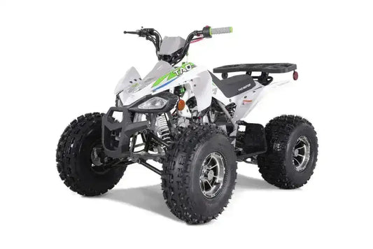 White youth ATV with off-road tires, rugged build, and sporty green accents on a white background