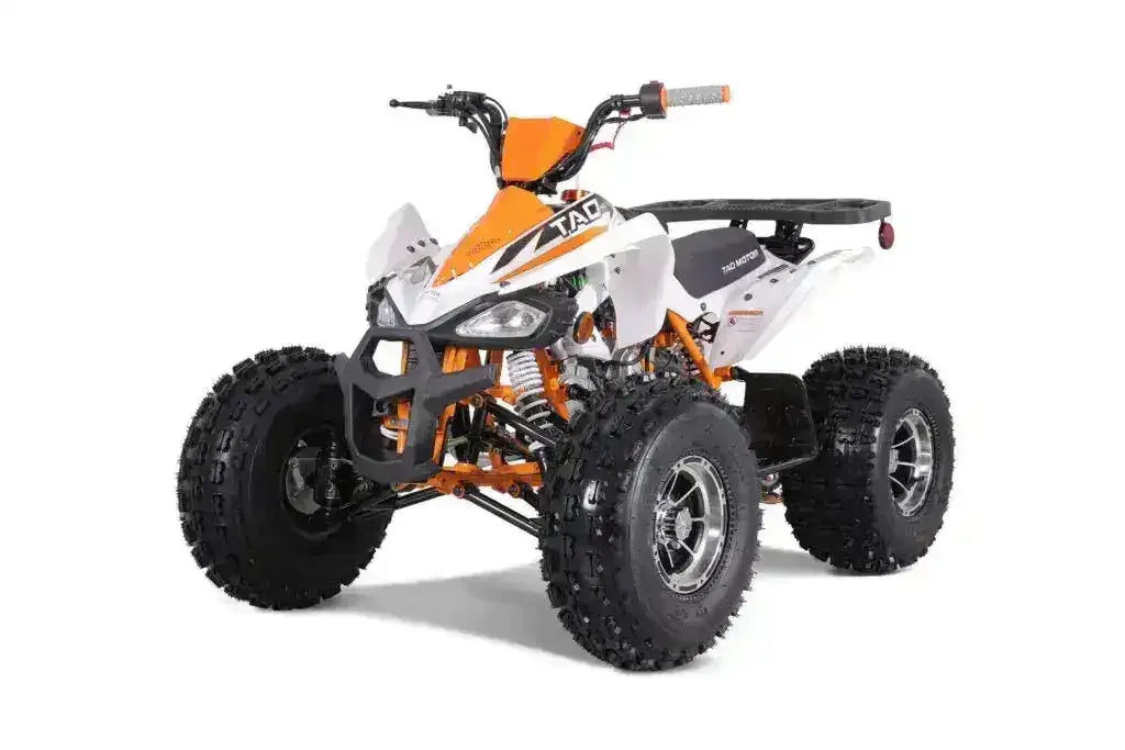 White and orange youth ATV quad with rugged tires and sporty design on white background