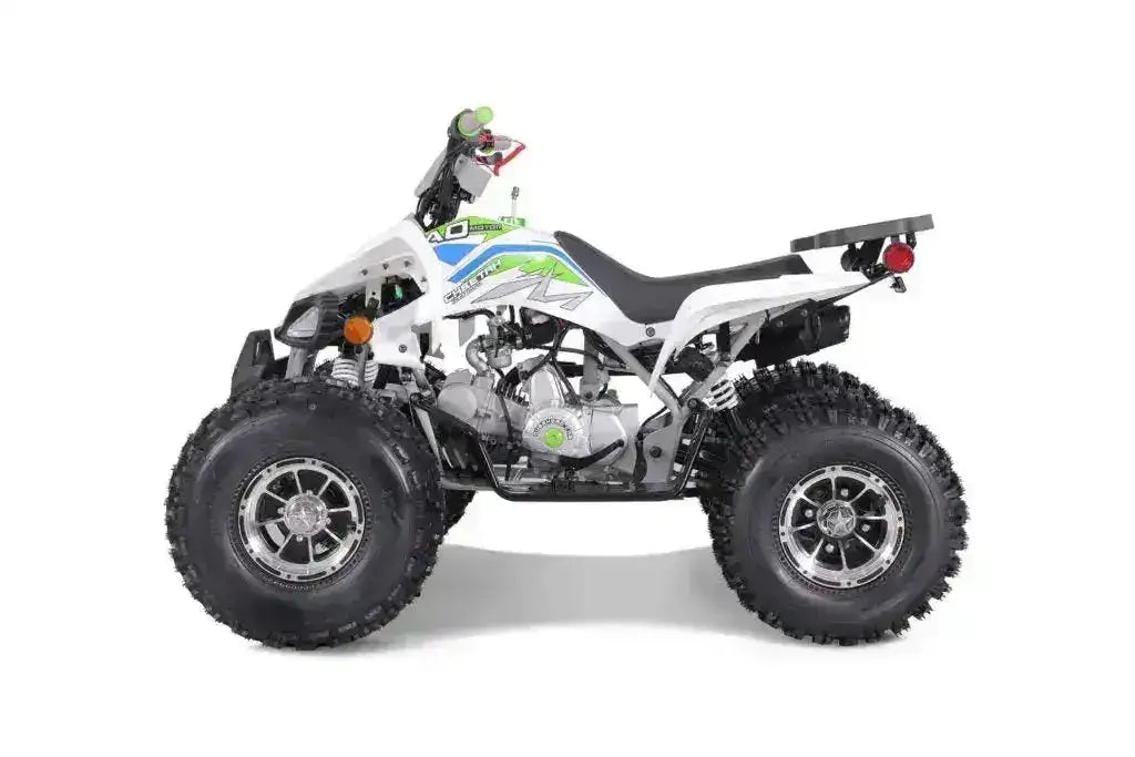 White and gray youth ATV with rugged tires and colorful graphics, side view on white background