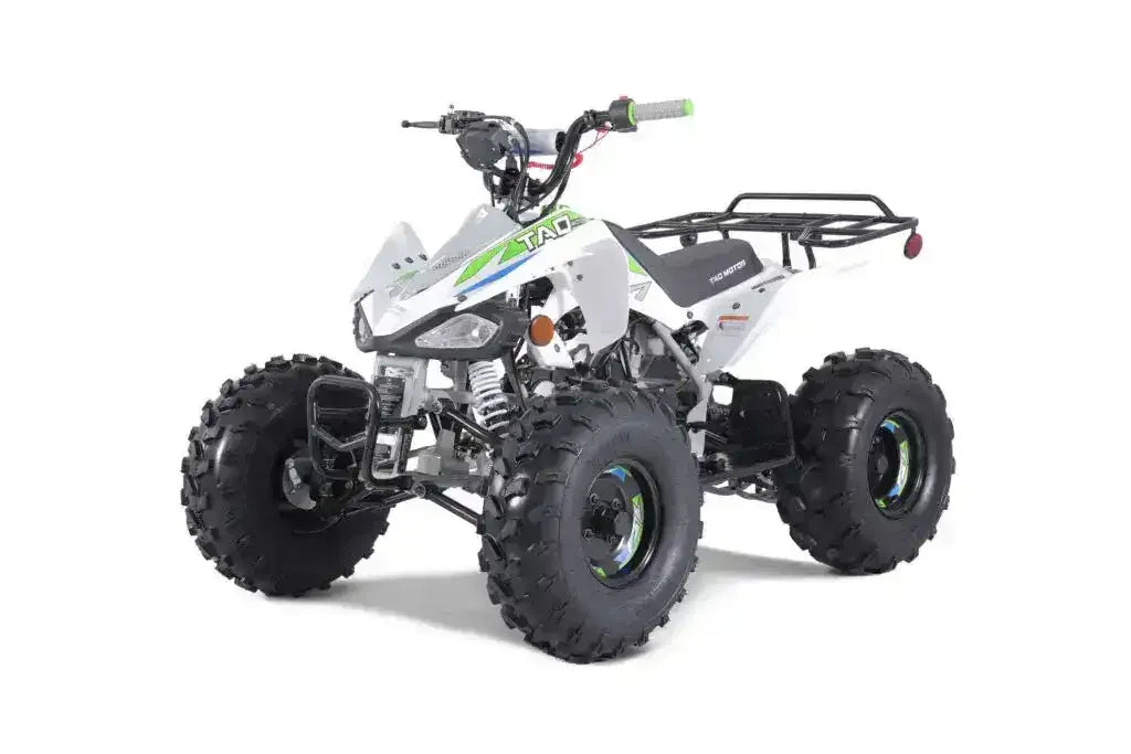 White and silver youth ATV with rugged tires, side view, off-road quad bike