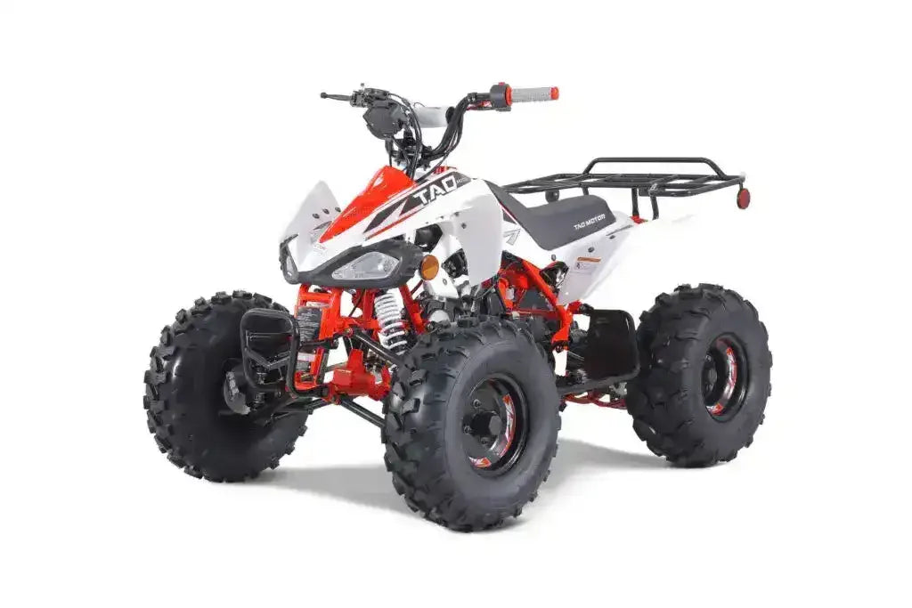 White and red youth ATV with large off-road tires on a white background