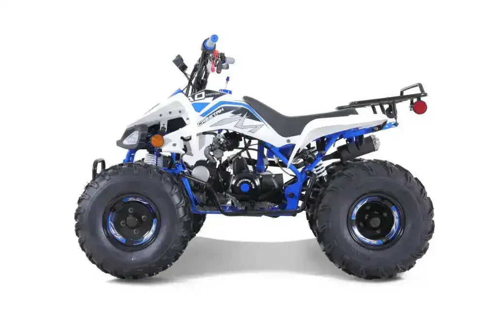 White and blue youth ATV side view with rugged off-road tires and sporty design