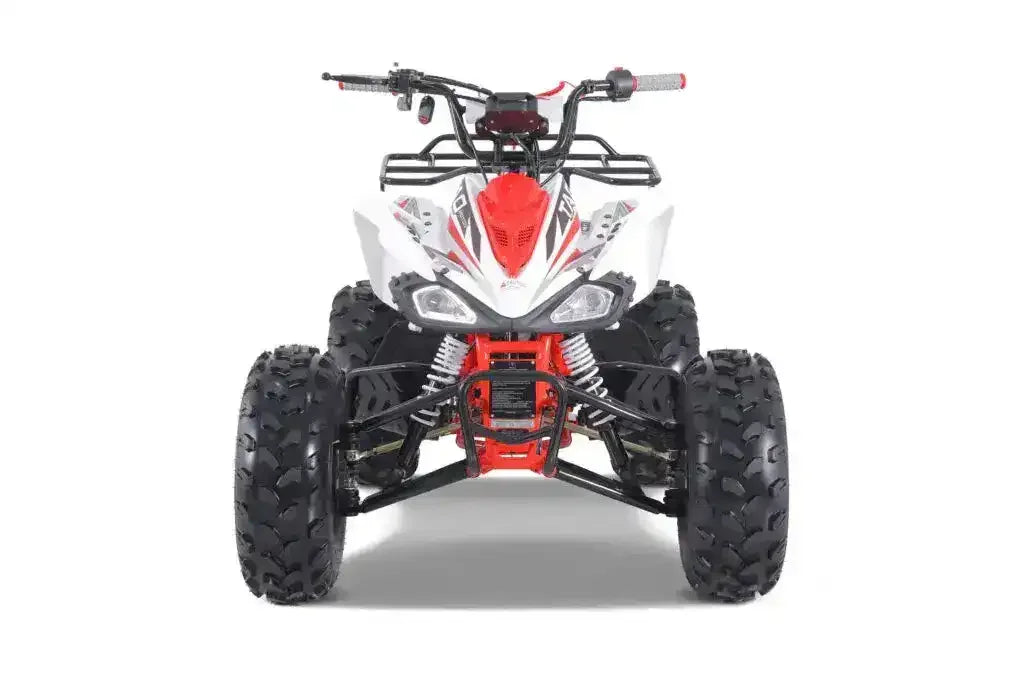Front view of a red and white sport ATV with rugged tires and aggressive styling on a white background