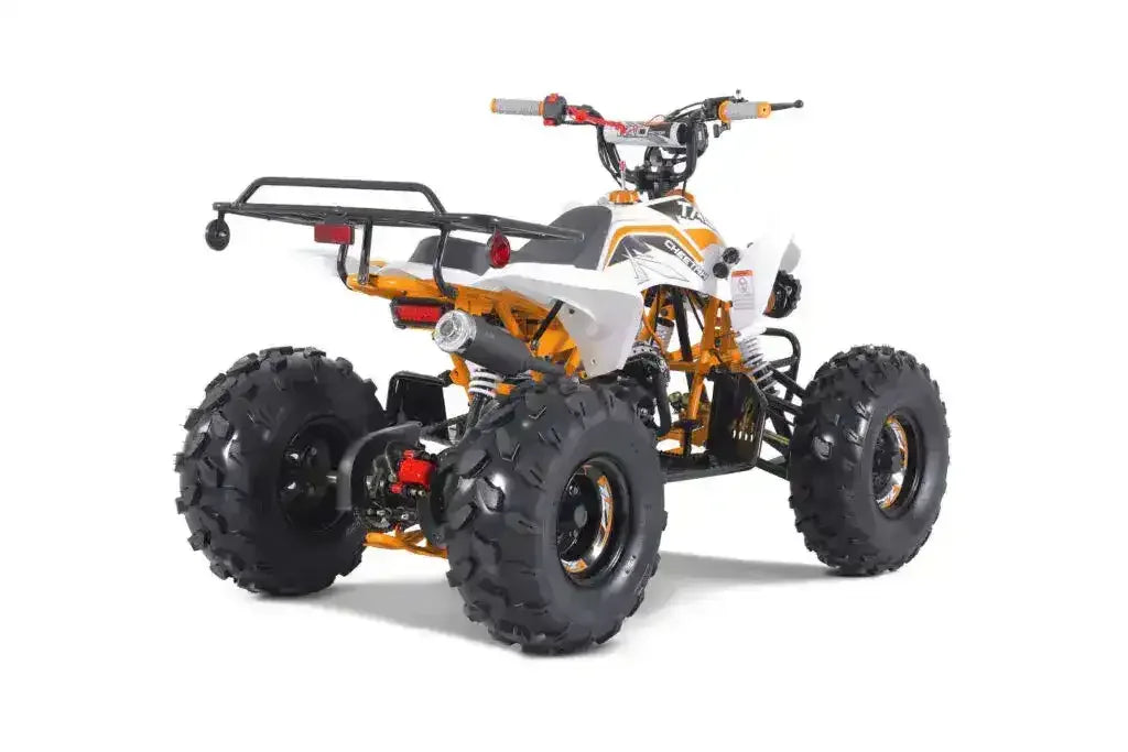 Rear angle of a white and orange four-wheeler ATV with rugged tires on a white background